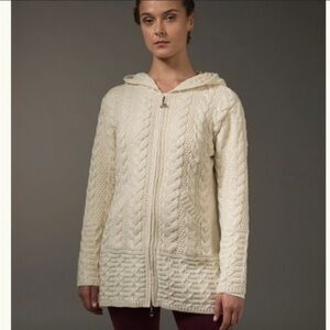Aran Crafts 100% Merino Wool Chunky Cable Knit Hooded Sweater Zip Up Jac…